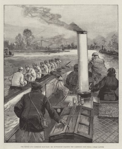 De Oxford en Cambridge Bootrace, Mr Muttlebury coacht de Cambridge Crew vanaf een stoomboot door William Heysham Overend