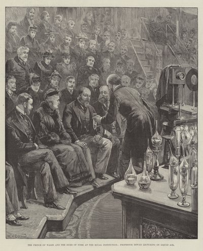 De Prins van Wales en de Hertog van York bij de Royal Institution, Professor Dewar geeft een lezing over Vloeibare Lucht door William Heysham Overend