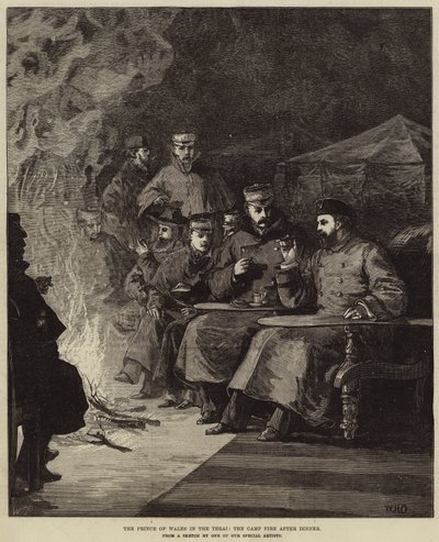 De Prins van Wales in de Terai, het kampvuur na het diner door William Heysham Overend