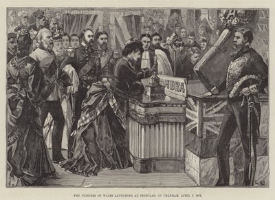 De Prinses van Wales doopt een gepantserd schip, in Chatham, 7 april 1875 door William Heysham Overend