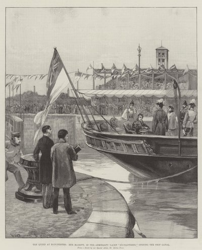 De Koningin in Manchester, Hare Majesteit, in het Admiraliteit Jacht Enchantress, opent het Scheepvaartkanaal door William Heysham Overend