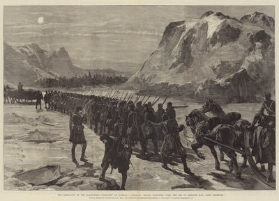 De opstand in het Noordwestelijke Territorium van Canada, koloniale troepen marcheren over het ijs van Nepigon Bay, Lake Superior door William Heysham Overend