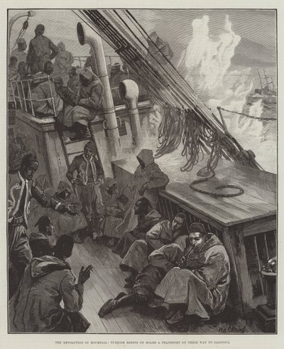 De Revolutie in Roemelië, Turkse Redifs aan Boord van een Transport op Weg naar Salonica door William Heysham Overend