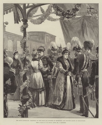 Het koninklijk huwelijk, ontvangst van de hertog en hertogin van Edinburgh en prinses Marie in Sigmaringen door William Heysham Overend