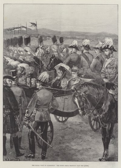 Het Koninklijk Bezoek aan Aldershot, de Scots Greys draven langs de Koningin door William Heysham Overend