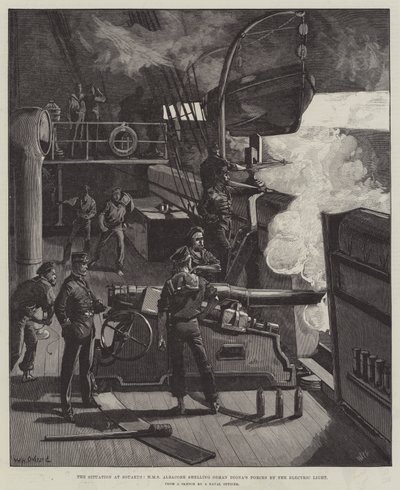 De situatie bij Souakim, HMS Albacore beschiet de troepen van Osman Digna met elektrisch licht door William Heysham Overend