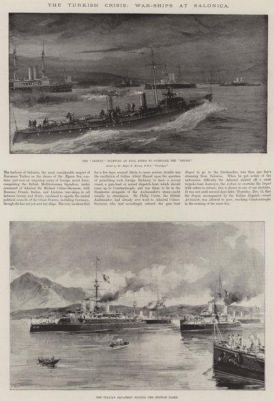De Turkse crisis, oorlogsschepen in Salonica door William Heysham Overend