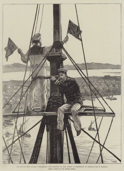 De oorlog in de Soedan, het signaleren van de positie van de vijand bij Trinkitat aan admiraal Sir W Hewett door William Heysham Overend
