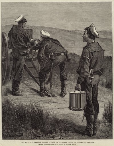 De Zoeloe-oorlog, garnizoen van Fort Pearson, aan de benedenloop van de Tugela, bij Gatling Gun-oefening door William Heysham Overend