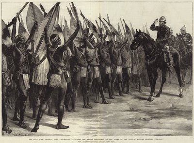 De Zoeloe Oorlog, Generaal Lord Chelmsford inspecteert het Inheemse Contingent aan de Oever van de Tugela, Inheemsen roepen H-H-Ooo! door William Heysham Overend