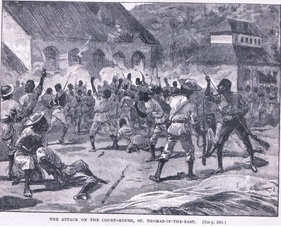 De aanval op het gerechtsgebouw, St. Thomas in het Oosten, Jamaica door William Heysham Overend