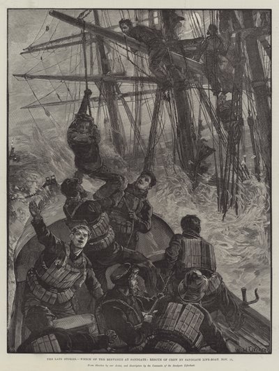 De recente Stormen, Wrak van de Benvenue bij Sandgate, Redding van de Bemanning door de Sandgate Reddingsboot, 11 november door William Heysham Overend