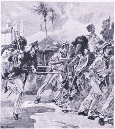 De marinebrigade van HMS Shannon bij Lucknow, november 1857, illustratie uit British Battles on Land and Sea, 1915 door William Heysham Overend