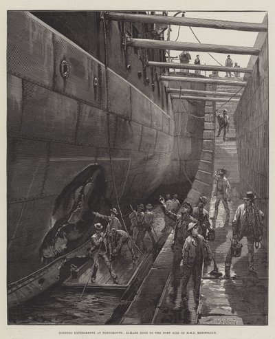 Torpedo-experimenten in Portsmouth, schade aan de bakboordzijde van HMS Resistance door William Heysham Overend
