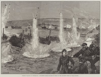 Torpedo-oefening in Portsmouth, katoenmijnen ontploft voor de aanvallende boten bij Whale Island door William Heysham Overend