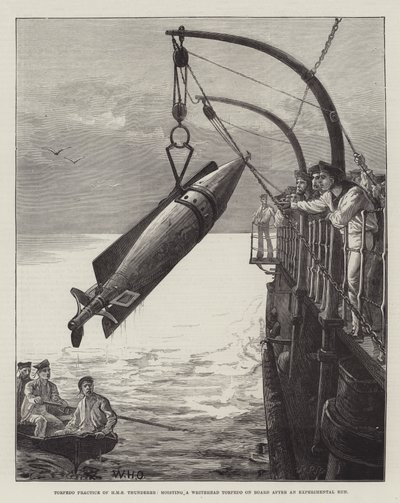 Torpedo-oefening van HMS Thunderer, een Whitehead-torpedo aan boord hijsen na een experimentele run door William Heysham Overend