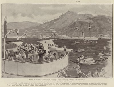 Bezoek aan de Japanse oorlogsschepen Akagi en Hiyei in de haven van Nagasaki, na de Slag bij de Yalu door William Heysham Overend