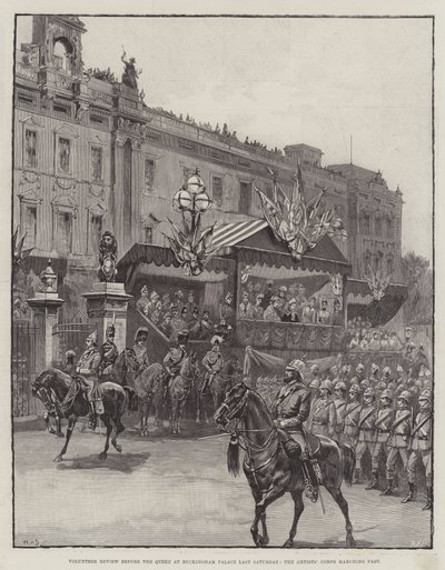Vrijwilligersparade voor de koningin bij Buckingham Palace afgelopen zaterdag, het kunstenaarskorps marcheert voorbij door William Heysham Overend