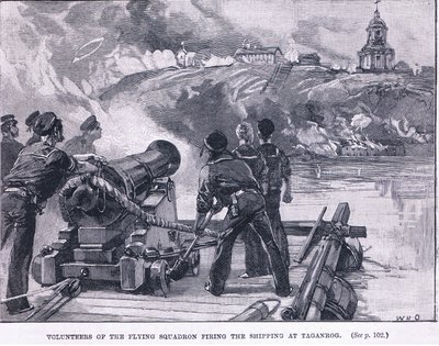 Vrijwilligers van het vliegende squadron die op de schepen bij Taganrog schieten, 1855 AD door William Heysham Overend