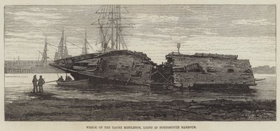 Wrak van het jacht Mistletoe, liggend in de haven van Portsmouth door William Heysham Overend