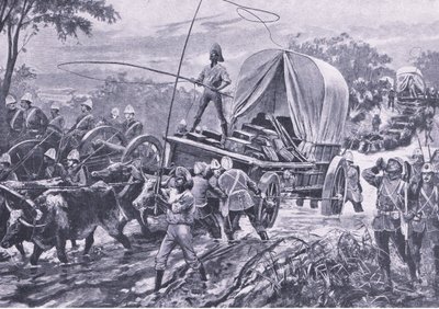 Zulu Oorlog: De Estowe Hulptroep steekt een stroom over, april 1879, illustratie uit British Battles on Land and Sea, 1915 door William Heysham Overend