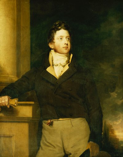 Portret van een Heer, Staand, Driekwart Lengte, Gekleed in een Bruin Jasje met Witte Jabot, in een Landschap door William Hilton