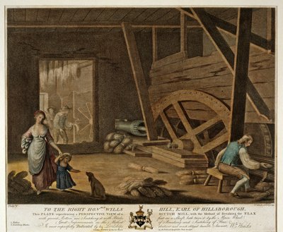Interieurweergave van een Scutch Molen, Plaat V van De Linnenfabriek van Ierland door William Hincks