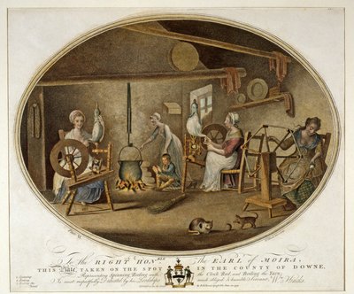 Spinnen, Winden met de Klokspoel, en het koken van het Garen, Plaat VI van De Linnenfabriek van Ierland door William Hincks