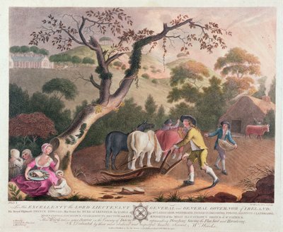 Uitzicht op ploegen, vlaszaad zaaien en eggen, 1791 door William Hincks