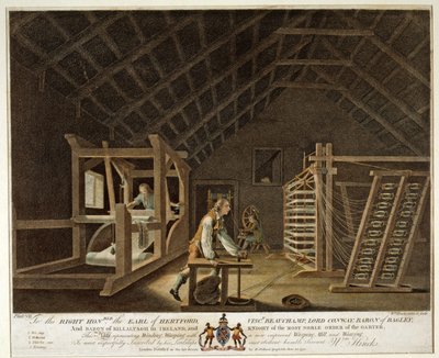 Winden, Oprapen met een Nieuw Verbeterde Oprapmolen en Weven, plaat VII van De Linnenfabriek van Ierland door William Hincks