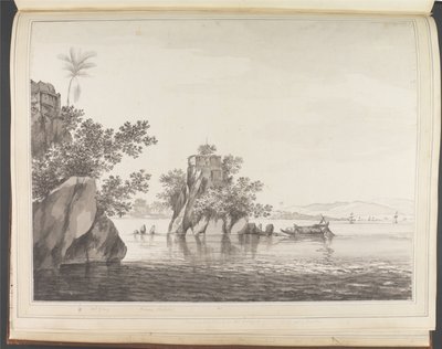 Gezicht op een geïsoleerde rots in de rivier de Ganges bij Jangerah [Jahangira] door William Hodges