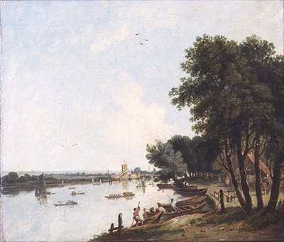 Een uitzicht op de Theems bij Chelsea met de postmolen bij Nine Elms daarachter door William Hodges