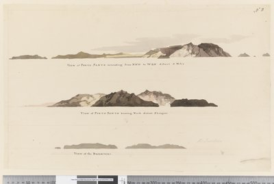 Pagina 8 (a) Uitzicht op Porto Santo van NNW tot WBN op 5 mijl afstand (b) Uitzicht op Porto Santo naar het noorden op 2 zeemijlen afstand en (c) Uitzicht op De Deserteurs door William Hodges