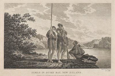 Uitzicht op de Bay of Islands (Dusky Bay) (Nieuw-Zeeland), met een Maori-familie. Gravure naar een tekening van William Hodges (1744-1797), rond 1785. door William Hodges