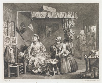 De val van een hoer, ontworpen 1732, gedrukt 1744 door William Hogarth