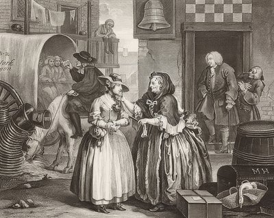 Het pad van een hoer. Blad 1: Aankomst in Londen. 1732 door William Hogarth