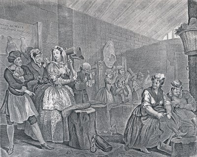 Een hoerenloop, Plaat Vier: Scène in Bridewell, 1732 door William Hogarth