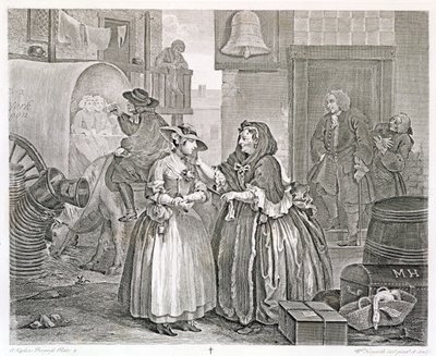Het verloop van een hoer, plaat één: Verleid door een koppelaarster, 1732 door William Hogarth