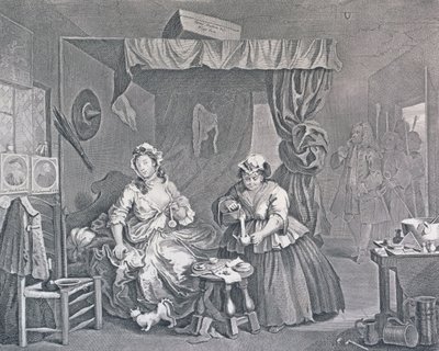 Het Verloop van een Hoer, Plaat Drie: Gearresteerd door een Magistraat, 1732 door William Hogarth