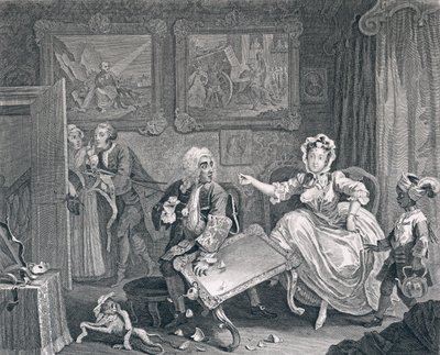 Het verloop van een hoer, plaat twee: Ruzies met haar Joodse beschermer door William Hogarth