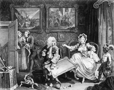 De vooruitgang van een hoer, plaat II, ruzies met haar Joodse beschermer door William Hogarth