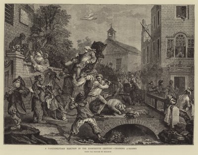 Een parlementaire verkiezing in de achttiende eeuw, het dragen van een lid door William Hogarth