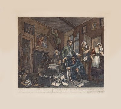 Een losbols vooruitgang, Plaat 1: De jonge erfgenaam neemt bezit van de bezittingen van de vrek, ca 1735 door William Hogarth