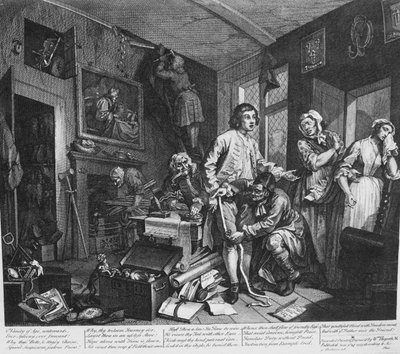 Het Leven van een Losbol, Plaat 1, De Jonge Erfgenaam Neemt Bezit van de Bezittingen van de Vrek door William Hogarth