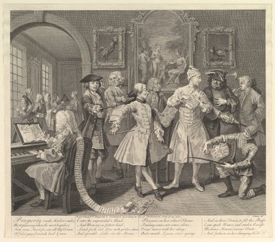 Een Rakes Progress, Plaat 2, 25 juni 1735 door William Hogarth