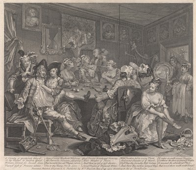 De levensloop van een losbol, plaat 3: Hij zwelgt door William Hogarth