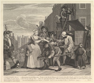 Een losbandig leven, plaat 4, 25 juni 1735 door William Hogarth