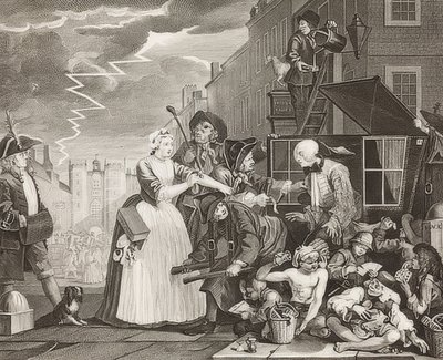 De weg van een losbandige, Blad 4: Tom Rakewell gearresteerd en gered door William Hogarth