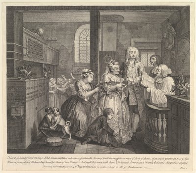 Een Rakes Progress, Plaat 5, 25 juni 1735 door William Hogarth