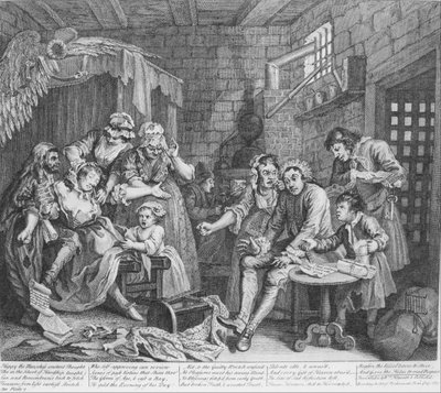 Het Leven van een Losbol, Plaat 7, De Gevangenisscène door William Hogarth